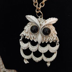 Vintage Large Hinged White Owl Necklace
